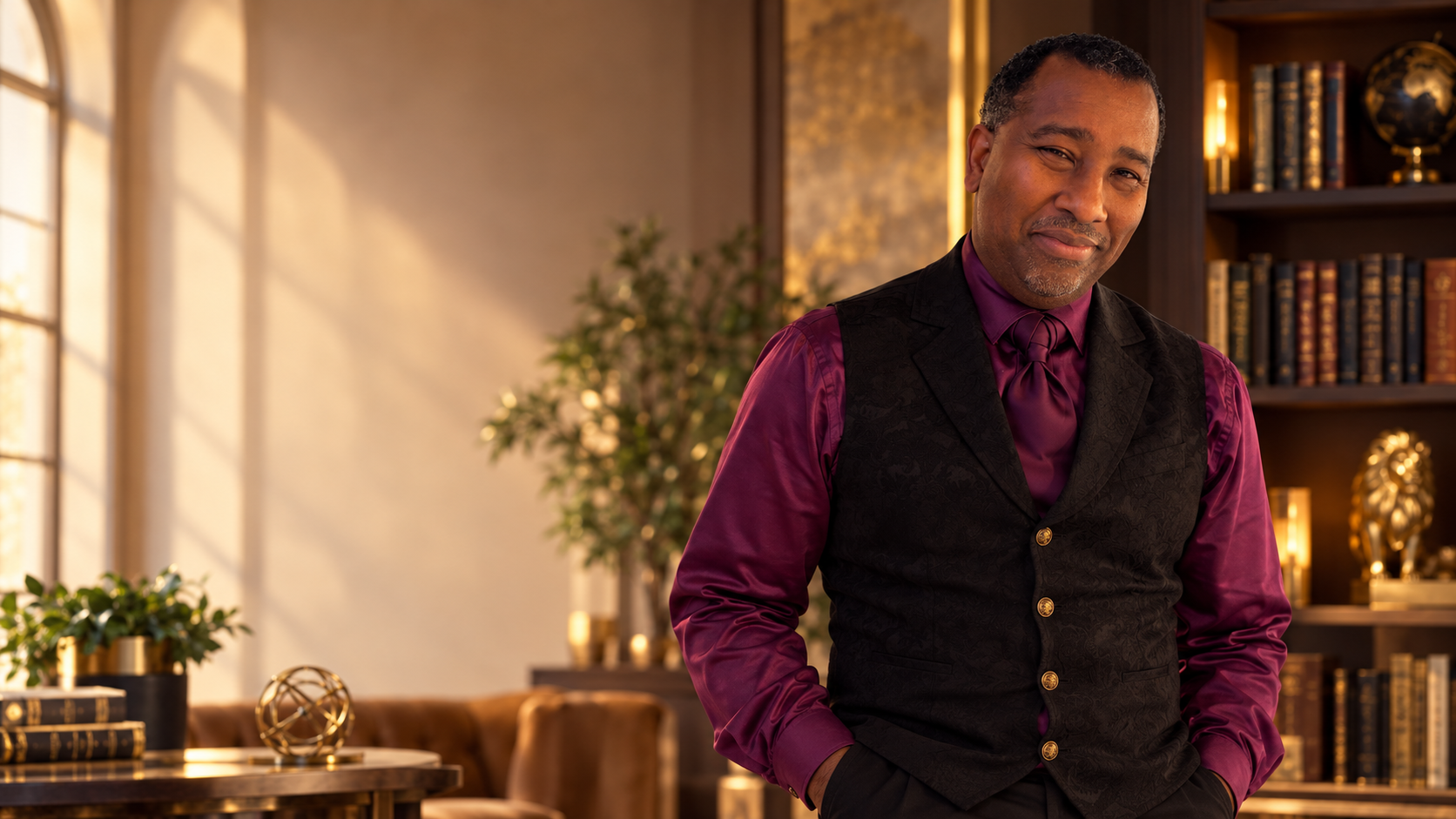 Apostle Dr. Howard Rose, Jr. standing in a study, wearing a purple shirt and black vest