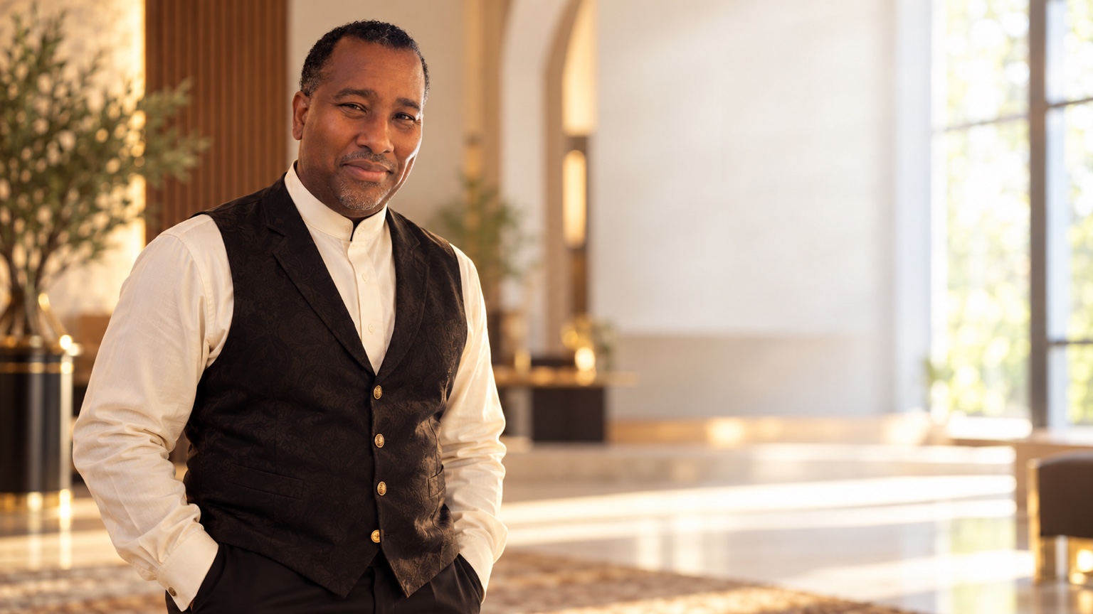 Apostle Dr. Howard Rose, Jr. standing in a warm architectural interior
